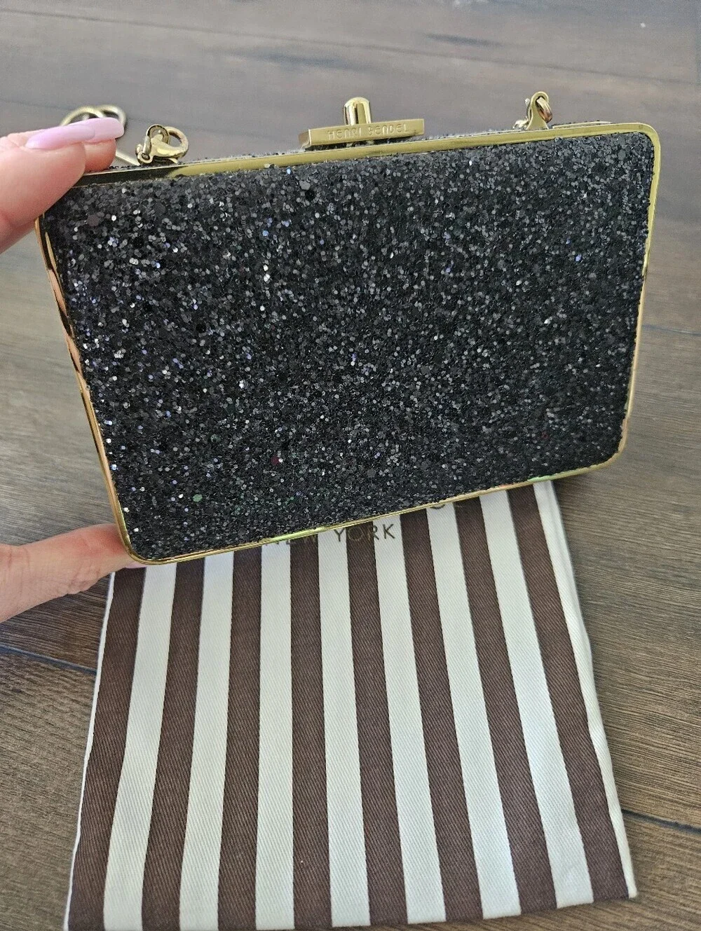 HENRI BENDEL Black Glitter Box Clutch Crossbody Evening Bag Gold Hardware +Dusty